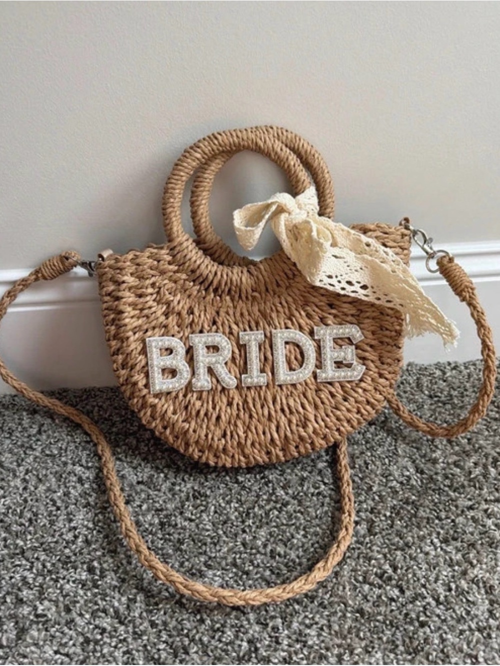 Natural Straw 'BRIDE' Round Tote with Lace Bow